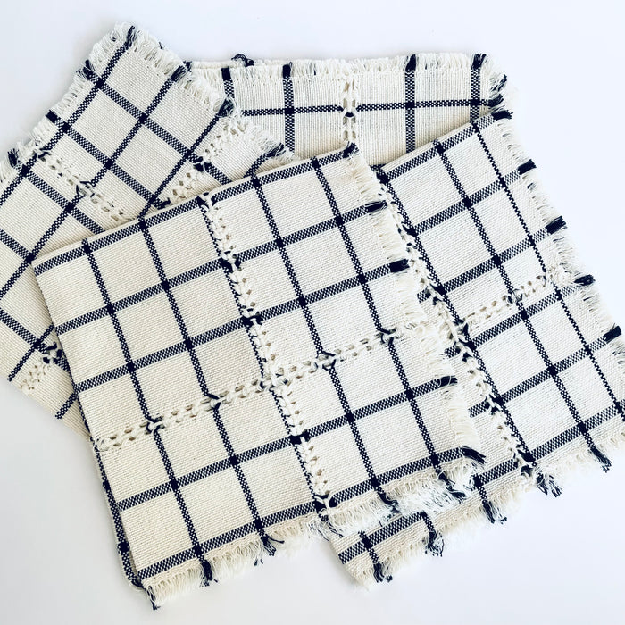 Pedal Loom Handwoven Cotton Napkins - Creamy White with Black Lines - Set of 4