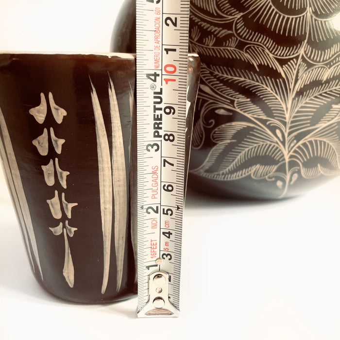 Clay Pitcher & Glass - Hand Painted - Dark Brown