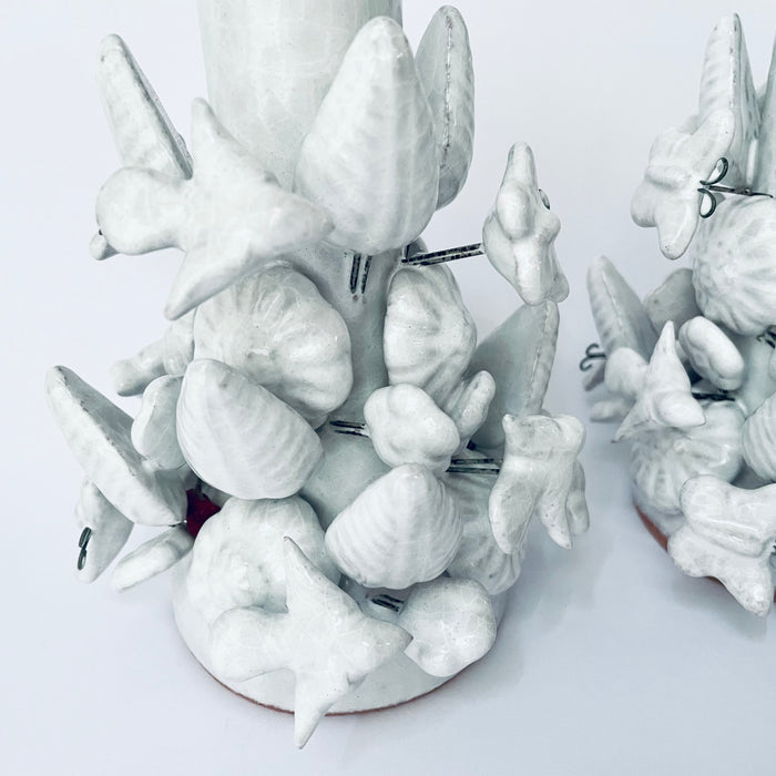 White Glazed Clay Candleholder Set - Tall