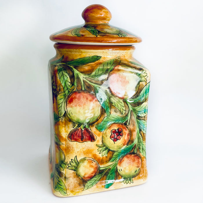 Hand-Painted Mayolica Cookie Jar - Yellow with Pomegranates