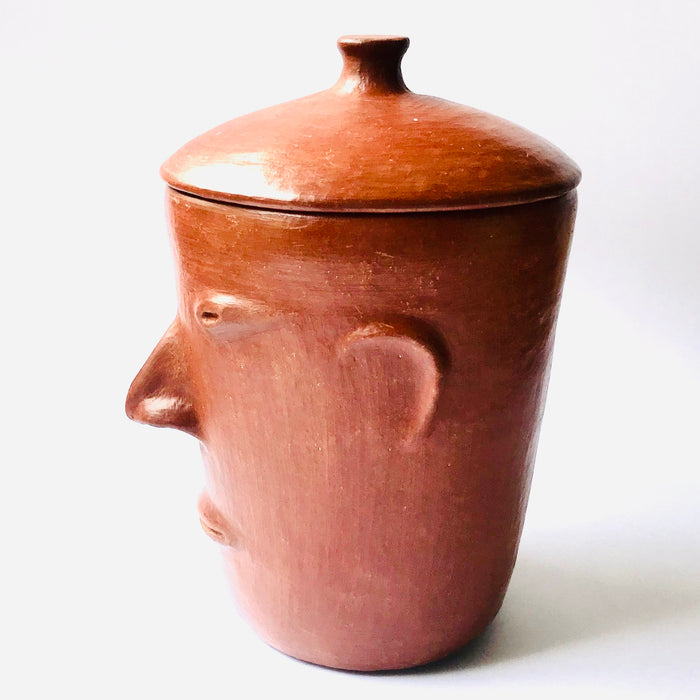 Red Clay Lidded Jar with Face