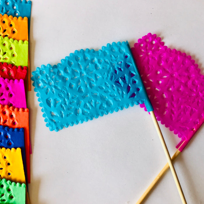 Mini Papel Picado Food Decoration Flags - Colorful Cutout Tissue Paper - Pack of 50 Flags