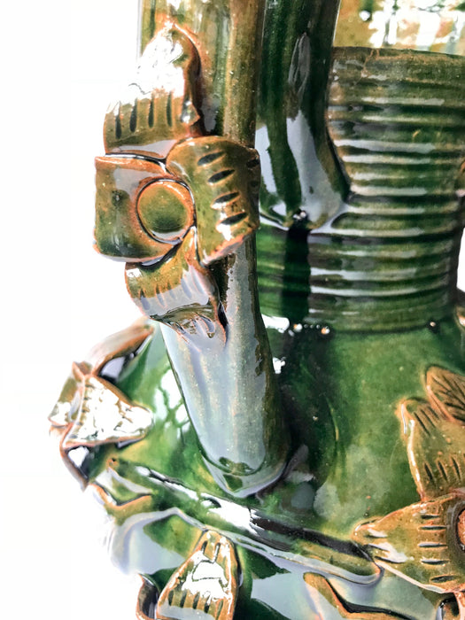 Green Glazed Clay Pitcher with Flower Ornaments