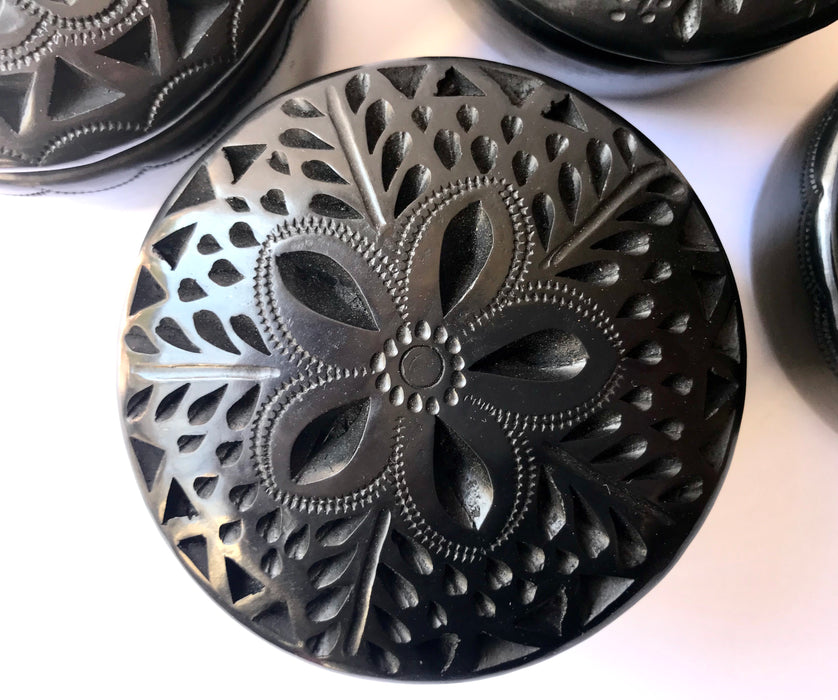 Mexico 1492 - round black clay sugar bowls with carved lids. Hand made and carved in Oaxaca. 