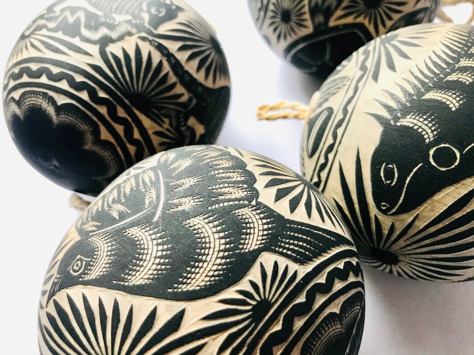 Mexico 1492 - Black carved gourd sphere (guaje), handmade in Oaxaca, perfect Christmas ornament