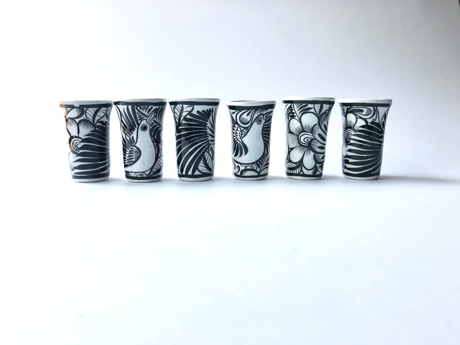 Mexico 1492 - Whimsical, black and white Mexican tequila or mezcal shot glass. Hand painted by artisans in rural Guerrero, they bring the joy of Mexico to every party and gathering. 